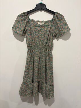 Green Floral Square-Neck Puff Sleeve Dress